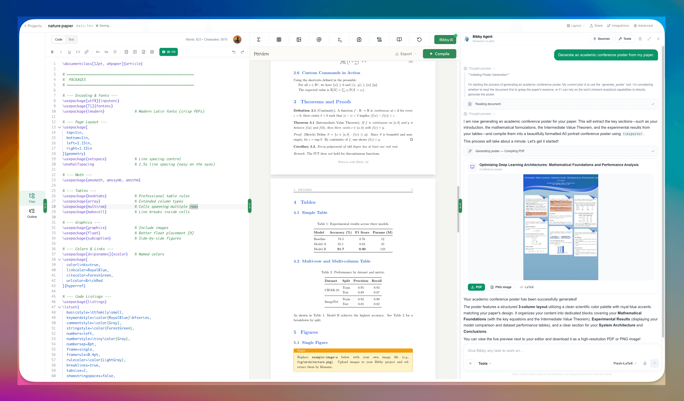 Bibby workspace: LaTeX editor, PDF preview, and Bibby Agent for researchers