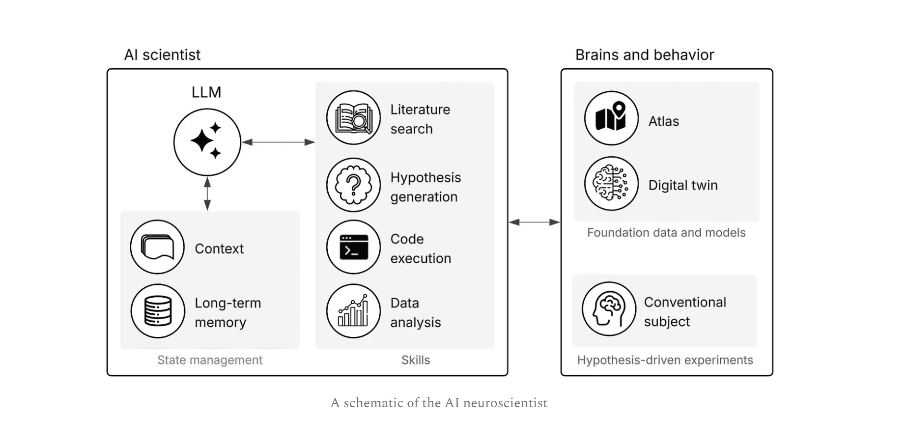 Schematic of the Bibby AI scientist: literature search, hypothesis generation, code execution, and data analysis skills connected to research context and experiments