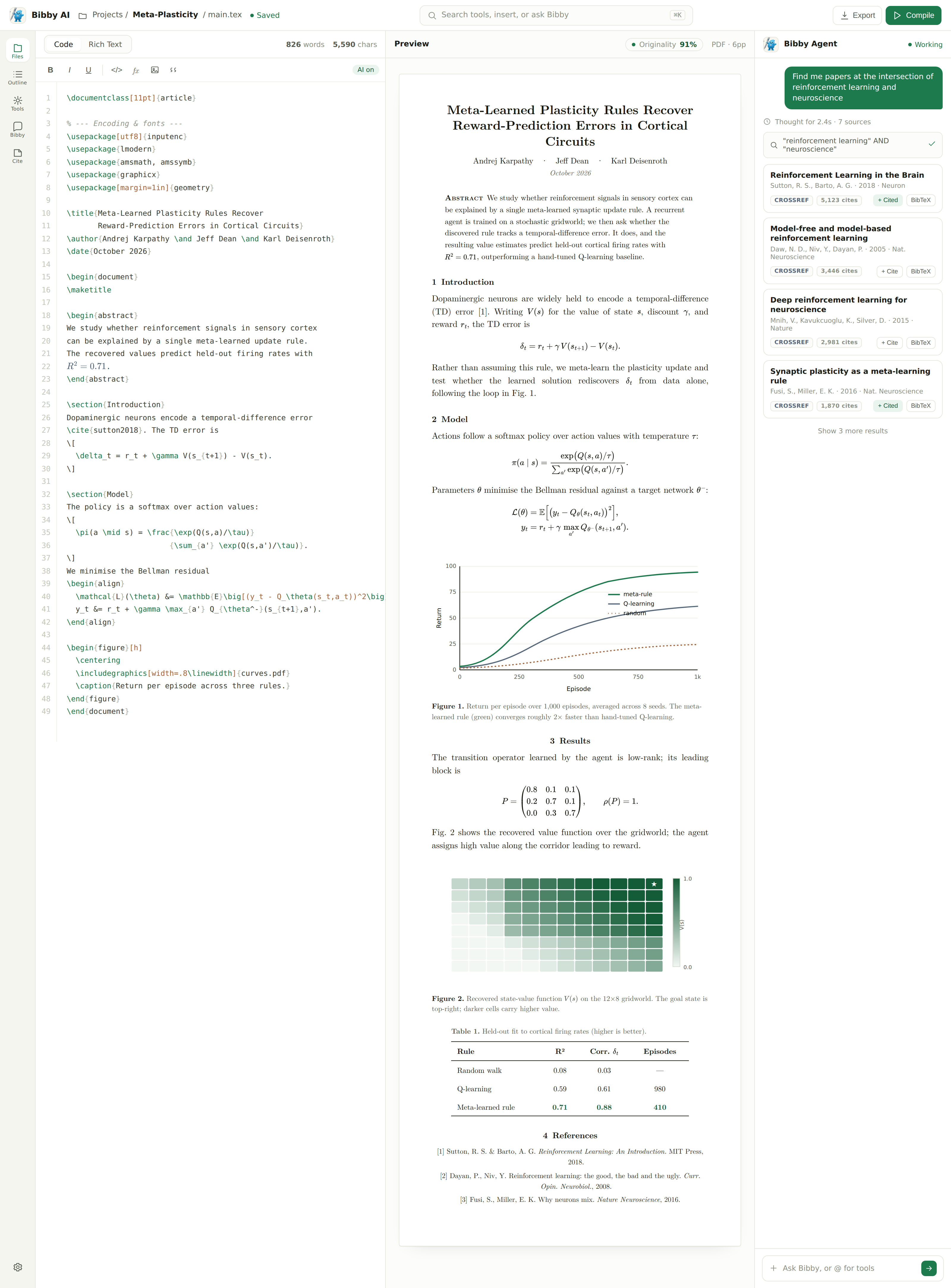 Bibby workspace: LaTeX editor, PDF preview, and Bibby Agent for researchers